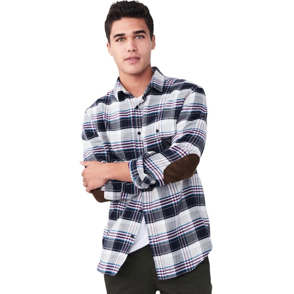 Aeropostale Long Sleeve Blue Plaid Elbow Patch Woven Shirt Flannel